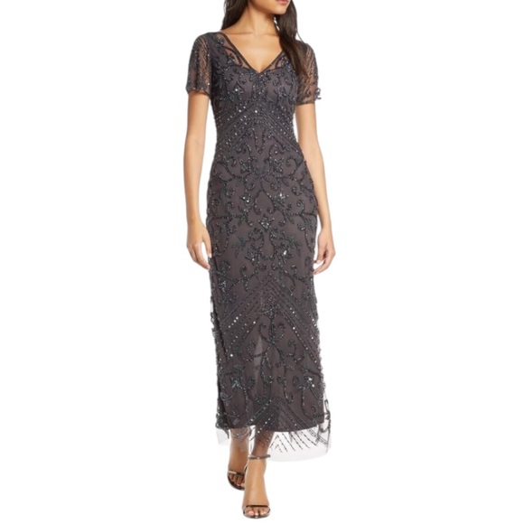 Pisarro Nights Dresses & Skirts - Pisarro Nights Beaded Column V Neck Gown in Slate SZ 14 VGUC
